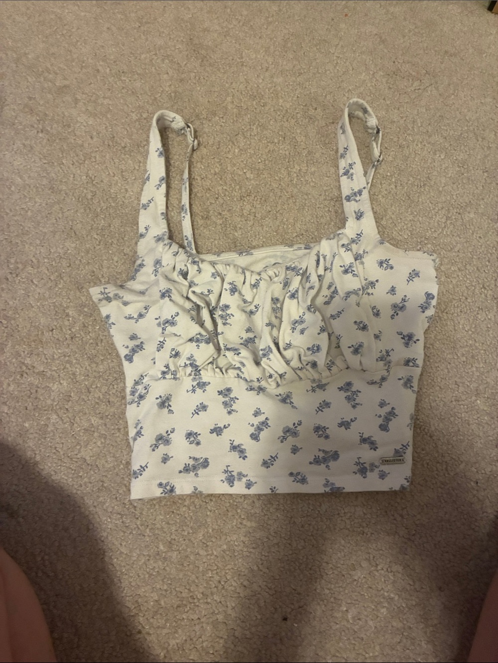 Hollister White Crop Tank with Blue Floral Print